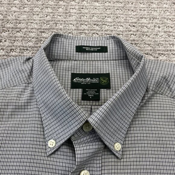 Eddie Bauer Shirt Men Large Tall LT Gray Checkered Button Down Wrinkle Free Polo - Picture 3 of 7
